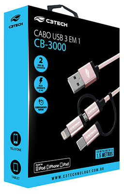 Cabo USB 3 em 1 Lightning microUSB USB-C C3tech CB-3000