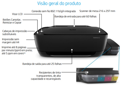 Multifuncional HP DeskJet GT5822 AIO c/ tanque e WiFi