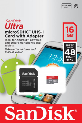 MemoryCard microSD 16GB Sandisk classe 10 Ultra 48MB/s