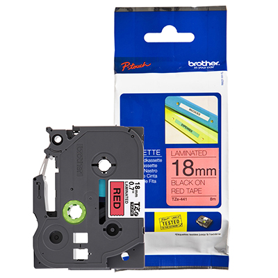 Fita Brother TZE-441 18mm 8m preto sobre vermelho lamin