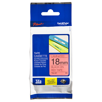 Fita Brother TZE-441 18mm 8m preto sobre vermelho lamin