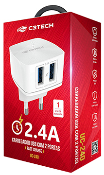 Carregador USB c/ 2 portas C3Tech UC240 2,4A 12W bivolt