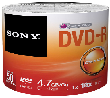 Tubo c/ 50 mdias DVD-R Sony Shirink, 4.7GB 16X 120 min