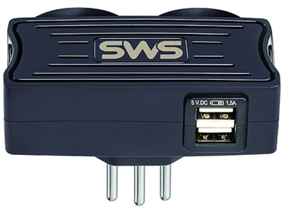 Carregador preto c/ 2 USB 5V/1,5A SMS c/ 2 tomadas, 10A