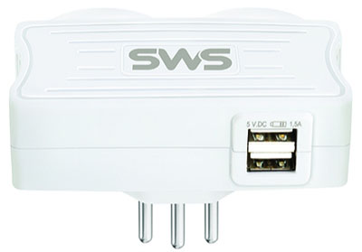 Carregador branco c/ 2 USB 5V/1,5A SMS c/ 2 tomadas 10A