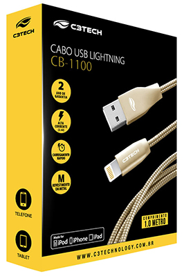 Cabo USB Lightning C3Tech CB-1100 em metal 2,4A, 1m