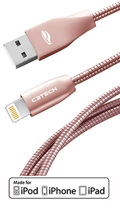 Cabo USB Lightning C3Tech CB-1100 em metal 2,4A, 1m