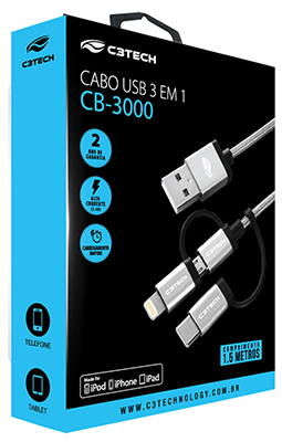 Cabo USB 3 em 1 Lightning microUSB USB-C C3tech CB-3000