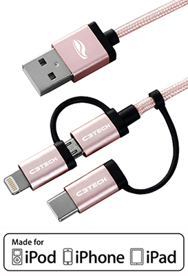 Cabo USB 3 em 1 Lightning microUSB USB-C C3tech CB-3000
