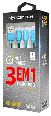 Cabo USB 2 micro-USB 1 Lightning C3Tech CB-300BL 1,2m