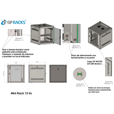 Mini Rack GPRacks 12U com 600X600mm preto com 1 bandeja 