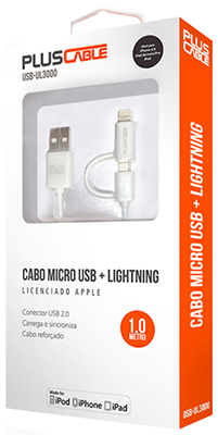 Cabo micro USB e Lightning licenciado PlusCable 1m
